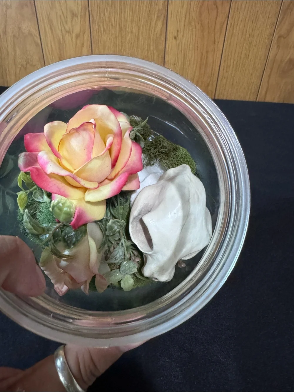 Black Lid Glass Terrarium Jar with Floral and Moss Display